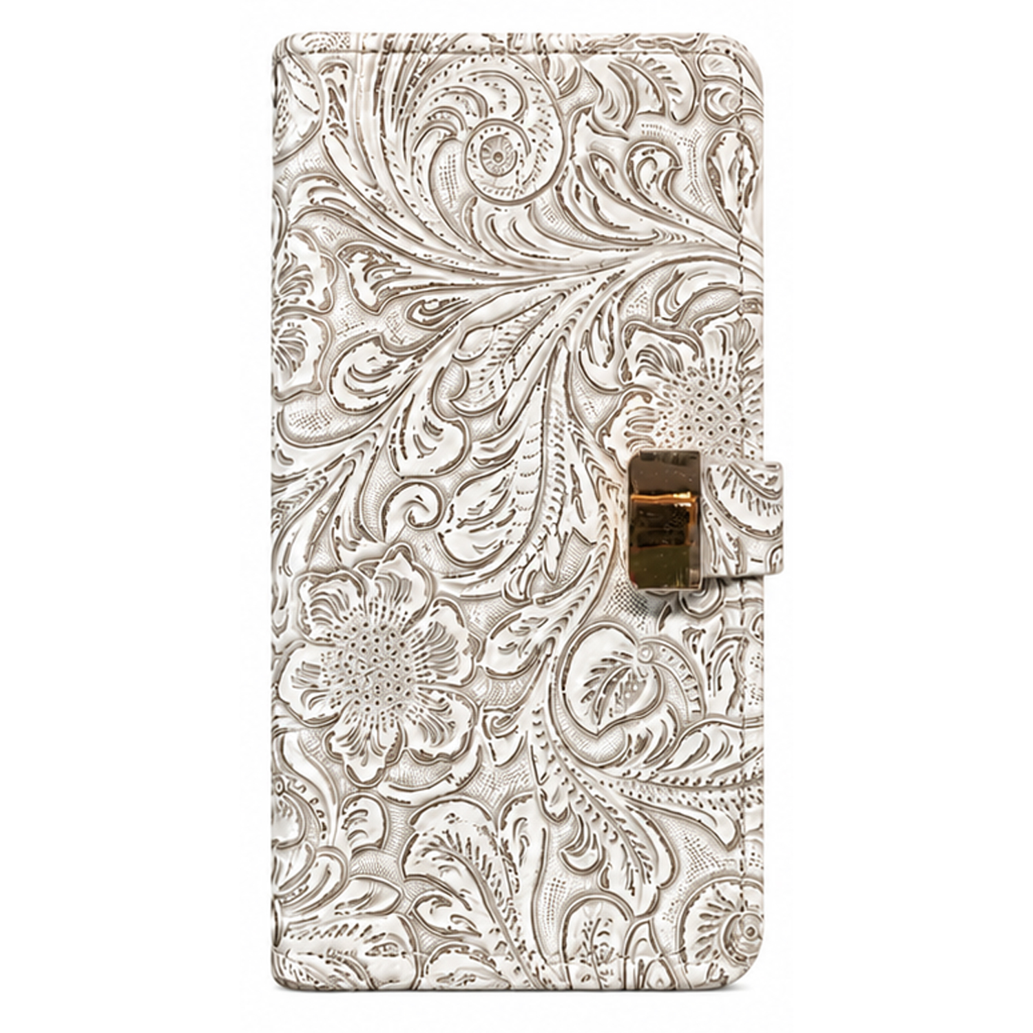 Three embossed vintage floral leather phone cases in cream, pink, and taupe with decorative clasp design, Embossed leather phone case used as a multi‑angle stand for hands‑free viewing.