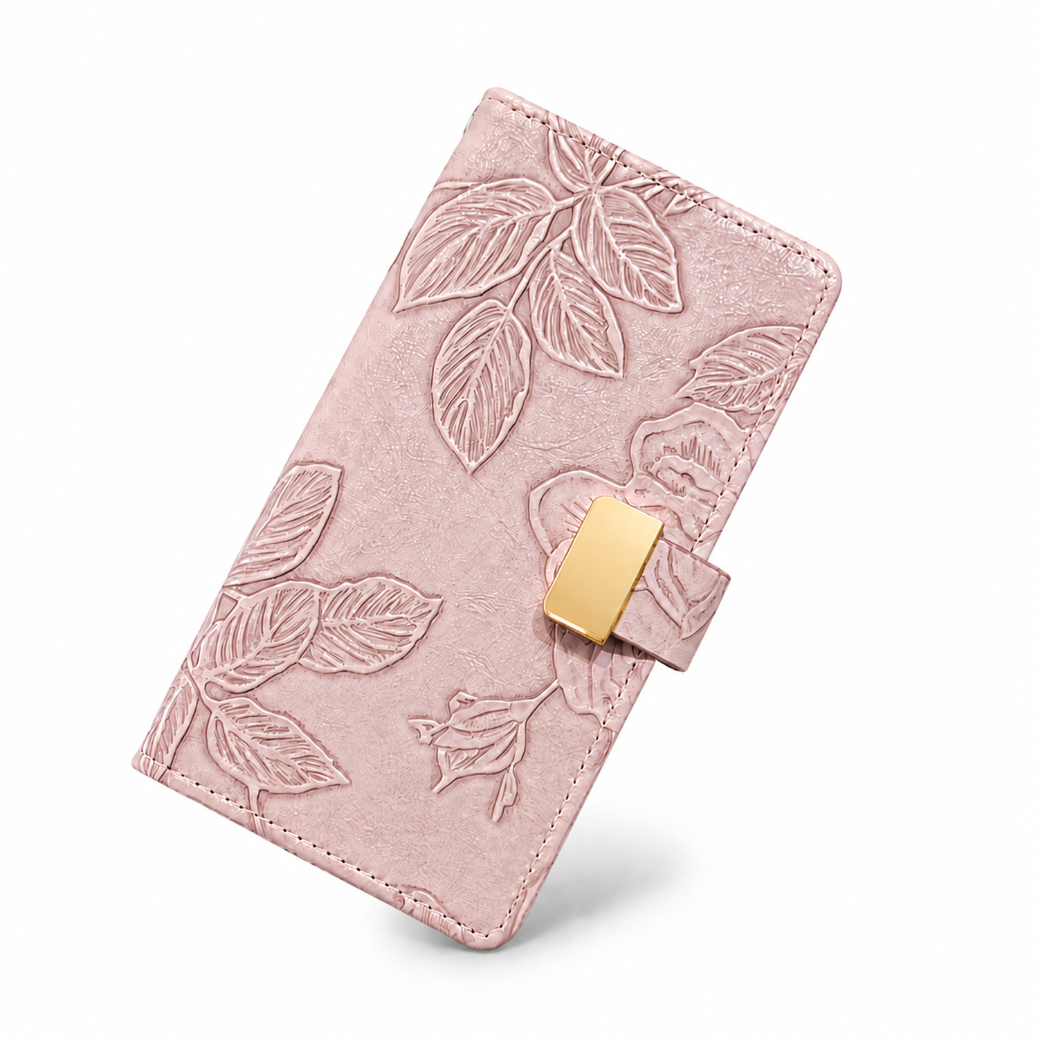 Embossed floral folio phone cases displayed on a soft fabric background with metallic clasp design. Beige floral embossed wallet phone case with card slots holding metallic cards and a smartphone inside. embossed leather phone case showing the magnetic cl
