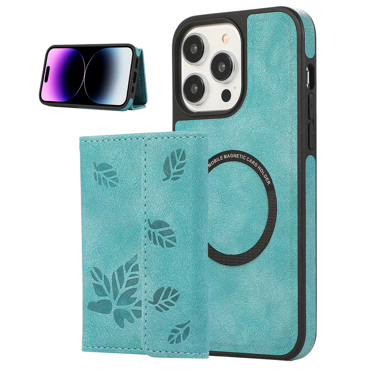 Magnetic leather phone case with detachable card holder
