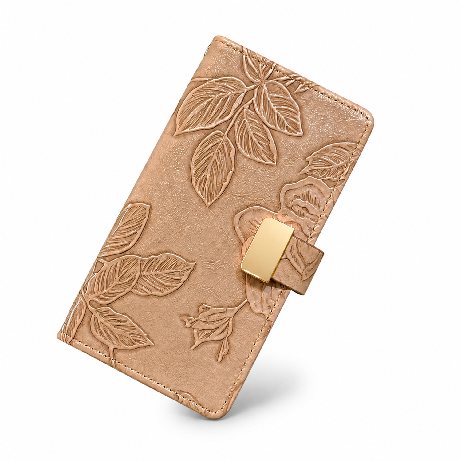 Embossed floral folio phone cases displayed on a soft fabric background with metallic clasp design. Beige floral embossed wallet phone case with card slots holding metallic cards and a smartphone inside. embossed leather phone case showing the magnetic cl