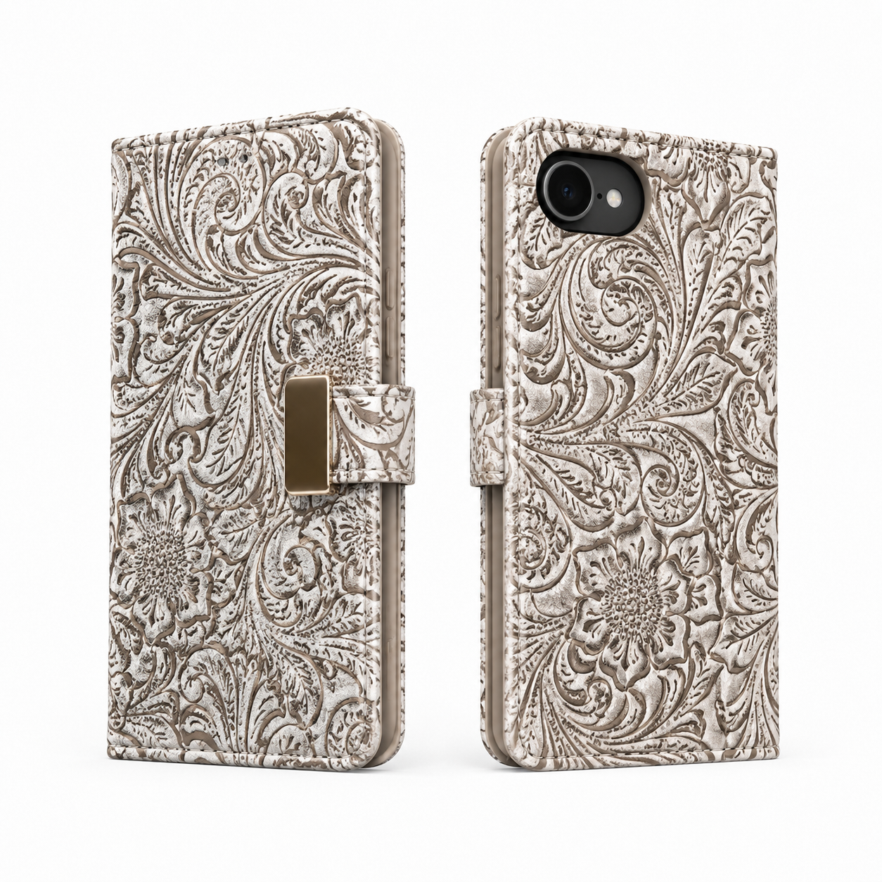Three embossed vintage floral leather phone cases in cream, pink, and taupe with decorative clasp design, Embossed leather phone case used as a multi‑angle stand for hands‑free viewing.