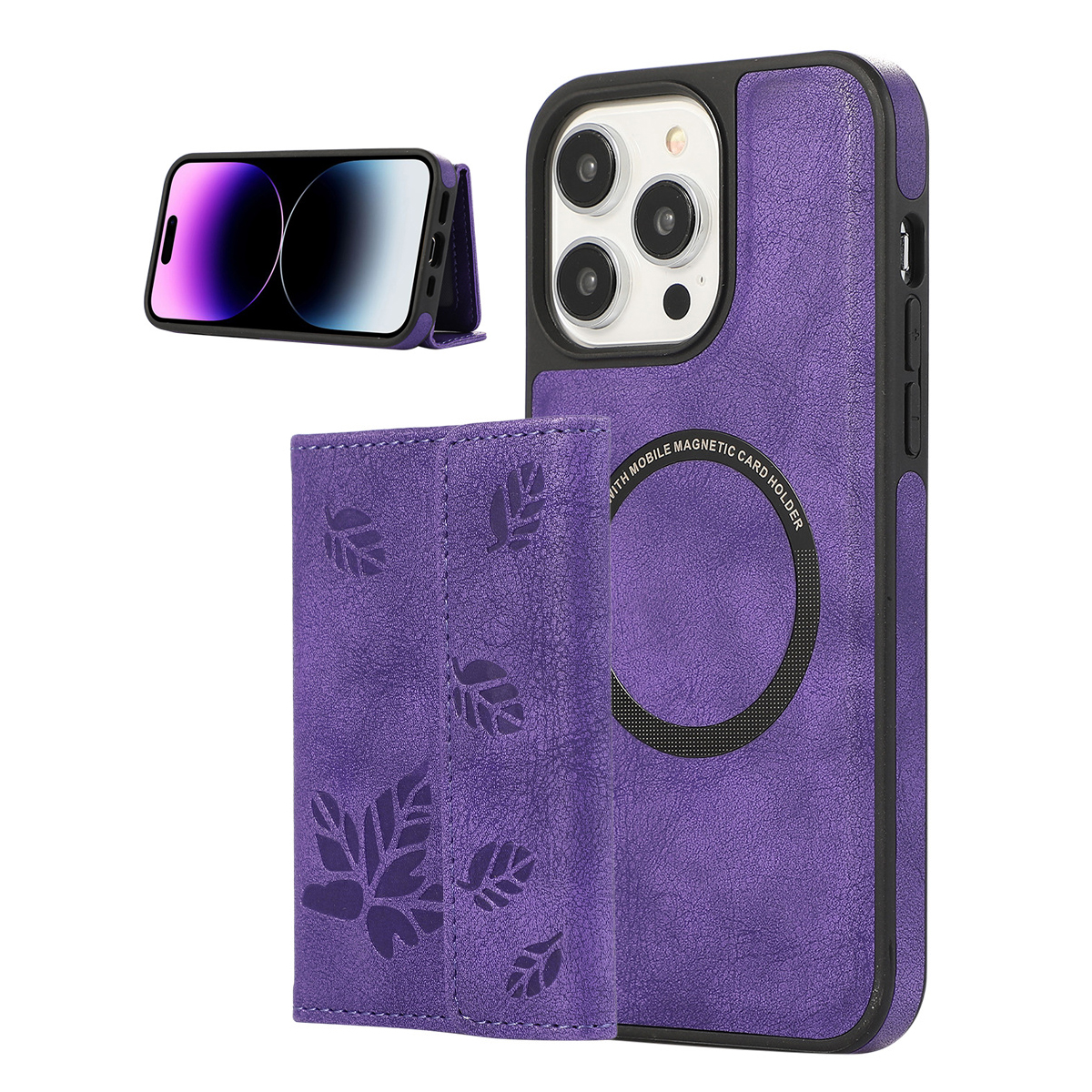 Magnetic leather phone case with detachable card holder