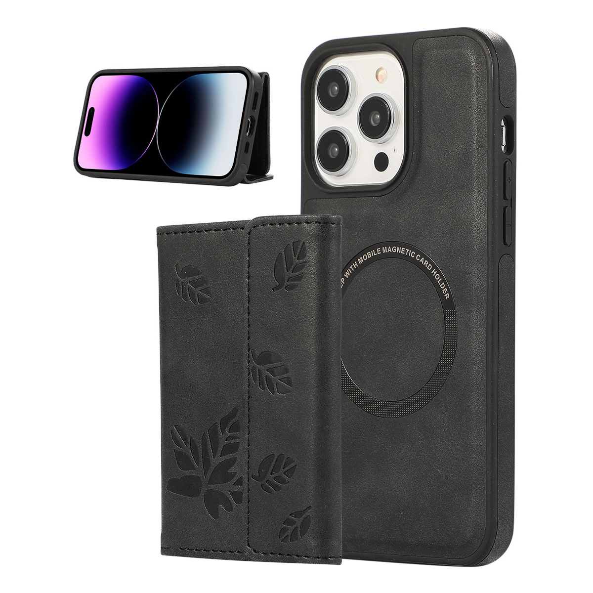Magnetic leather phone case with detachable card holder
