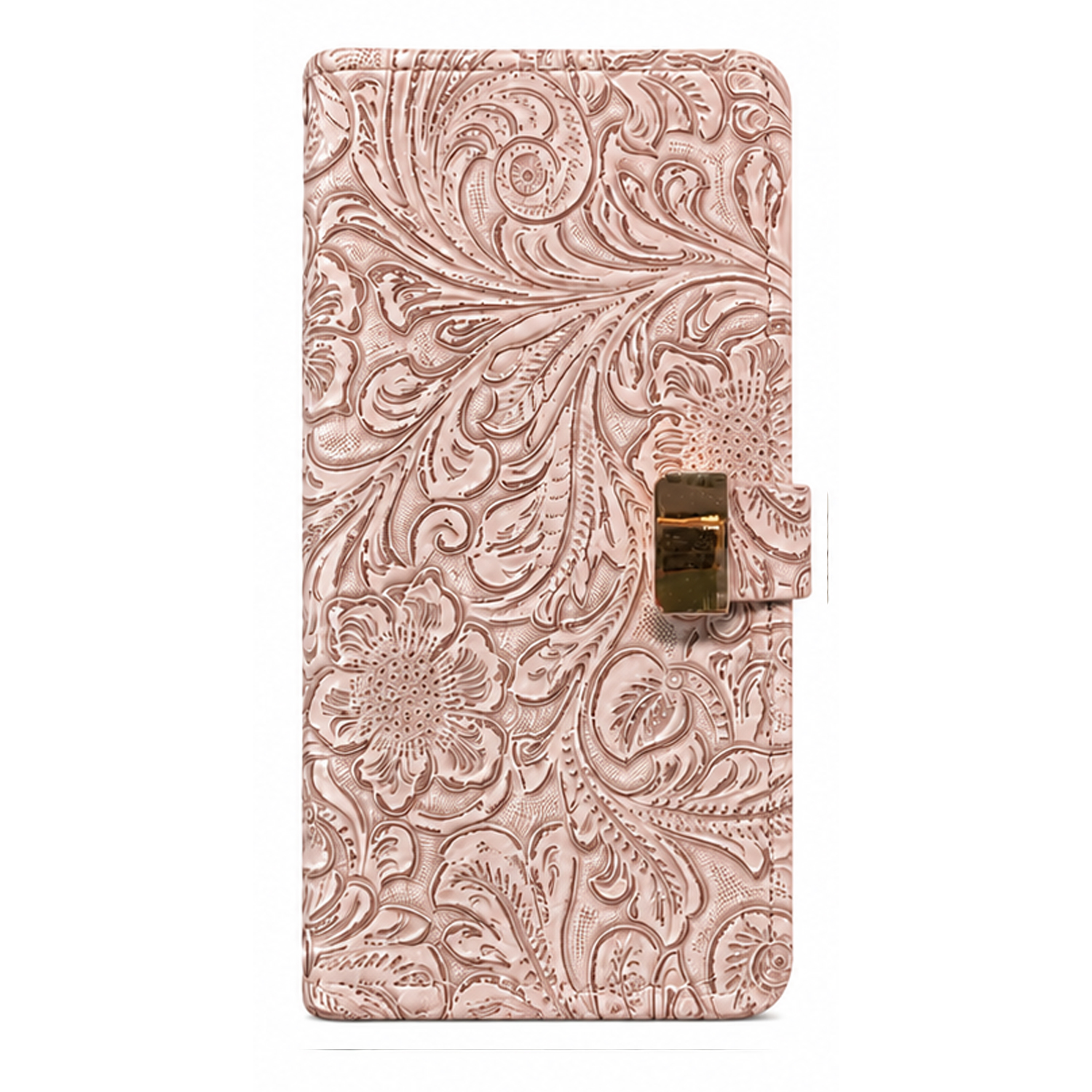 Three embossed vintage floral leather phone cases in cream, pink, and taupe with decorative clasp design, Embossed leather phone case used as a multi‑angle stand for hands‑free viewing.