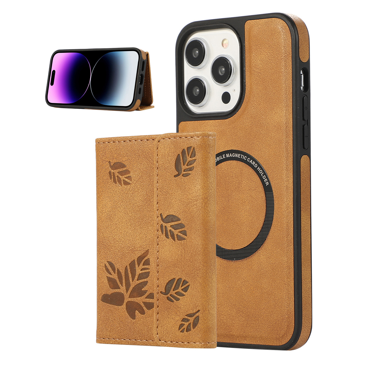 Magnetic leather phone case with detachable card holder