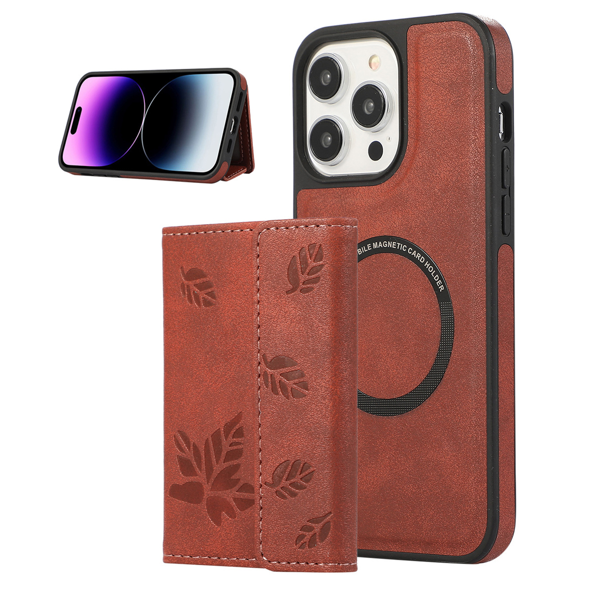 Magnetic leather phone case with detachable card holder