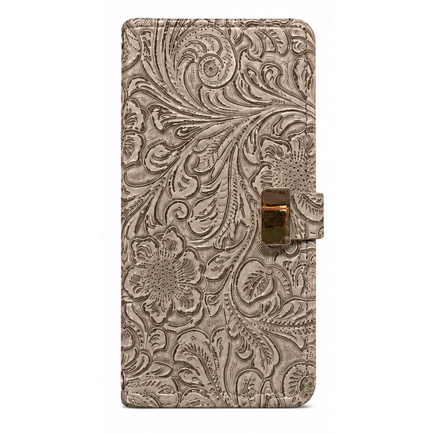 Three embossed vintage floral leather phone cases in cream, pink, and taupe with decorative clasp design, Embossed leather phone case used as a multi‑angle stand for hands‑free viewing.